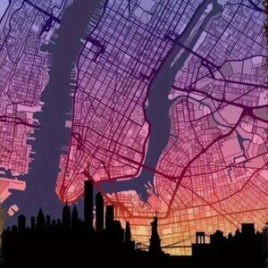 New York City Modern Retro Sunset Skyline Metal Wall Art - Grid Map Decor Sign